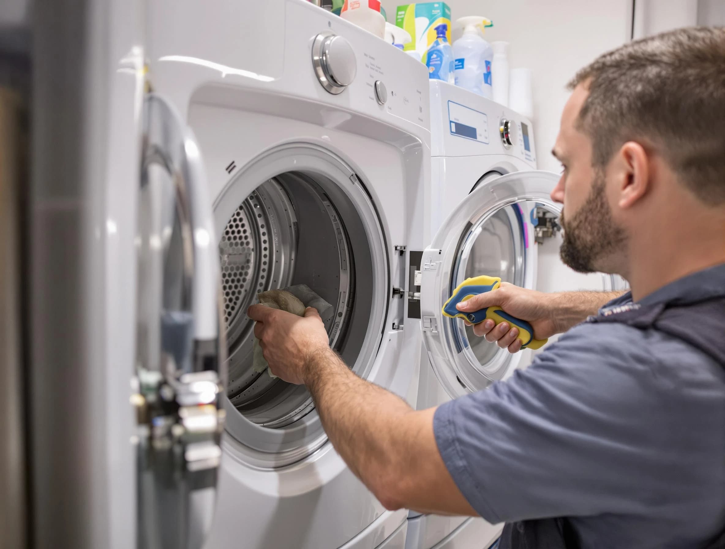 San Bernardino Dryer Vent Cleaning specialist removing lint buildup from a dryer lint trap system in San Bernardino
