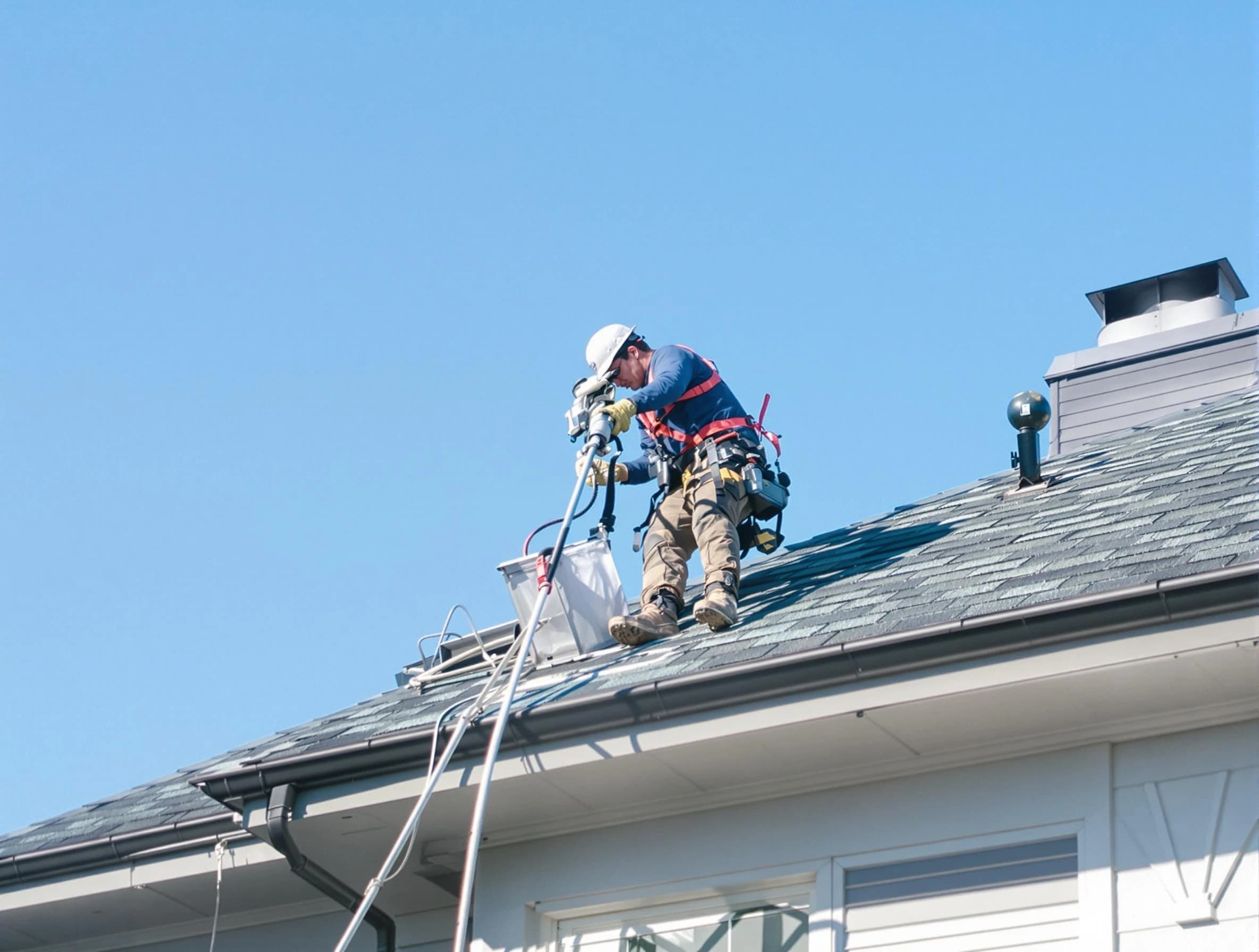 San Bernardino Dryer Vent Cleaning certified technician cleaning a roof-mounted dryer vent system in San Bernardino