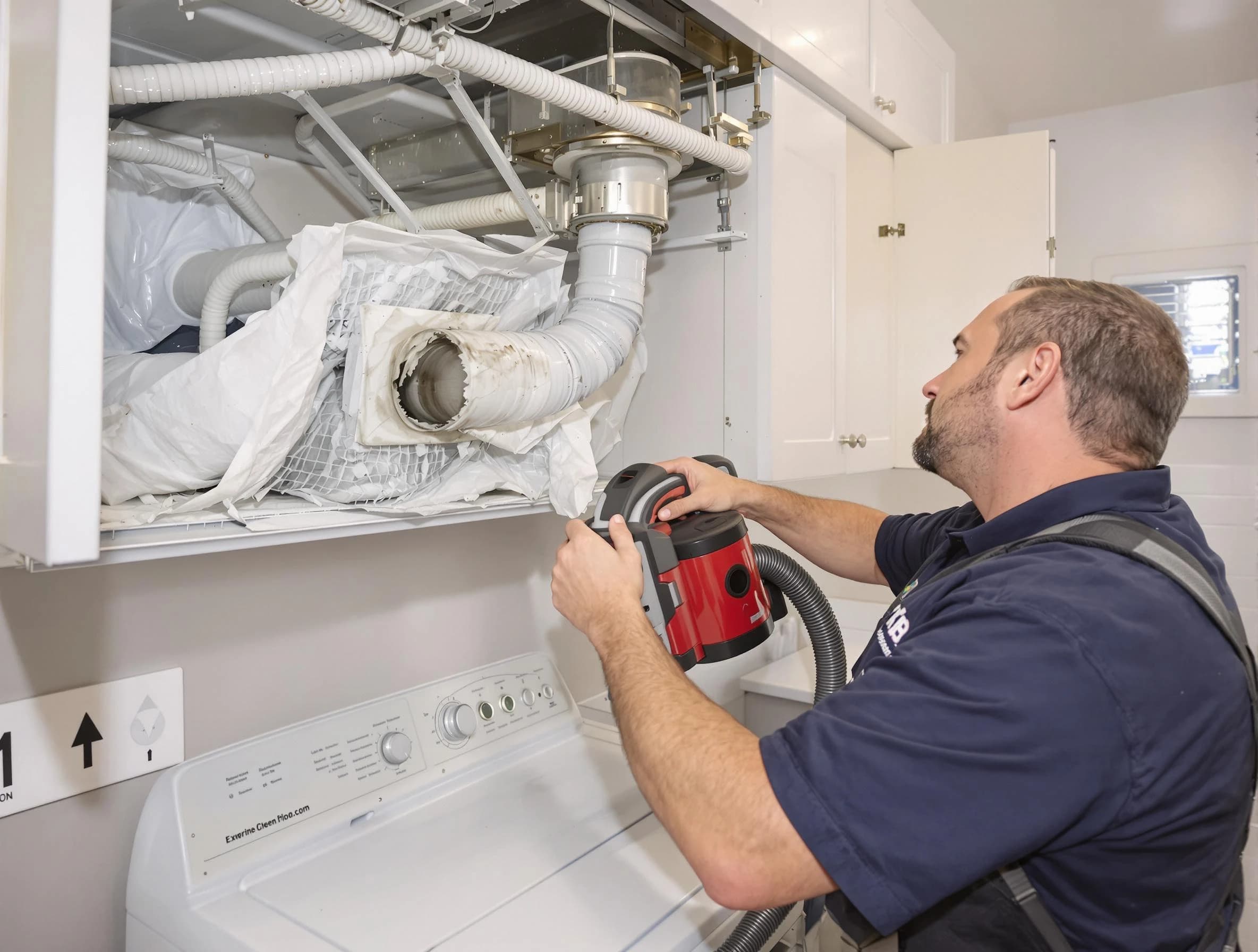 San Bernardino Dryer Vent Cleaning technician performing professional exhaust vent cleaning at a residential property in San Bernardino