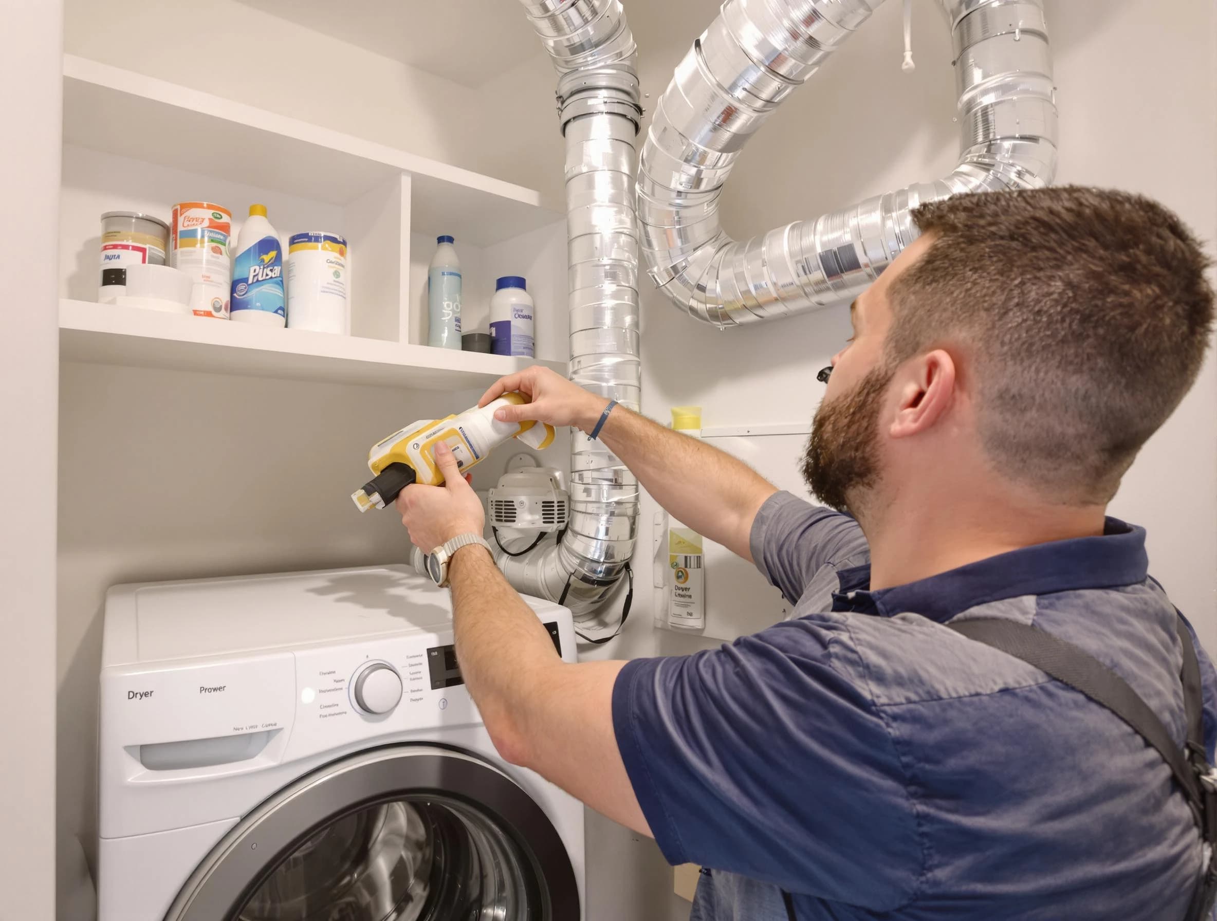San Bernardino Dryer Vent Cleaning technician performing dryer vent cleaning at a home in San Bernardino