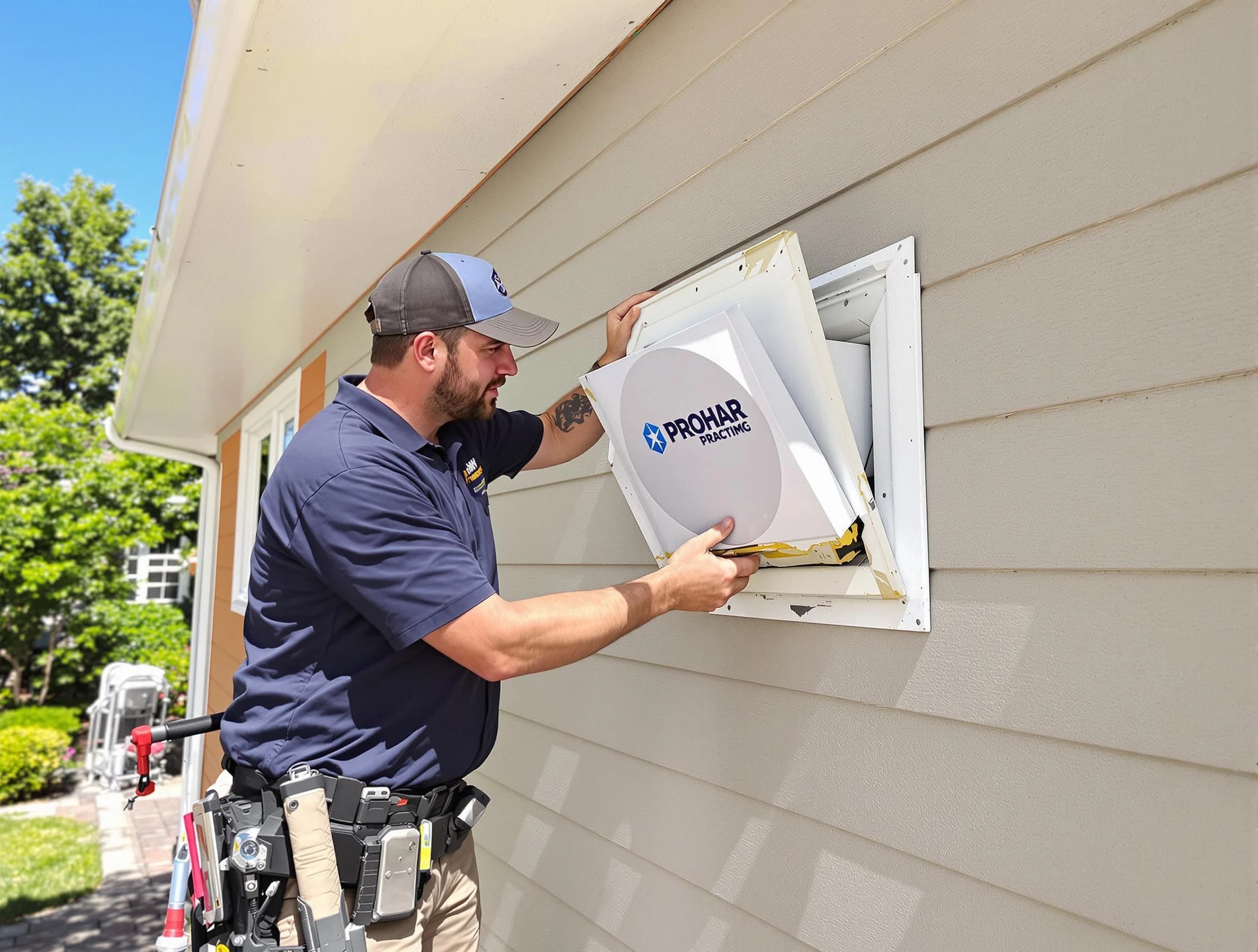 San Bernardino Dryer Vent Cleaning technician installing a new protective dryer vent cover on a home in San Bernardino