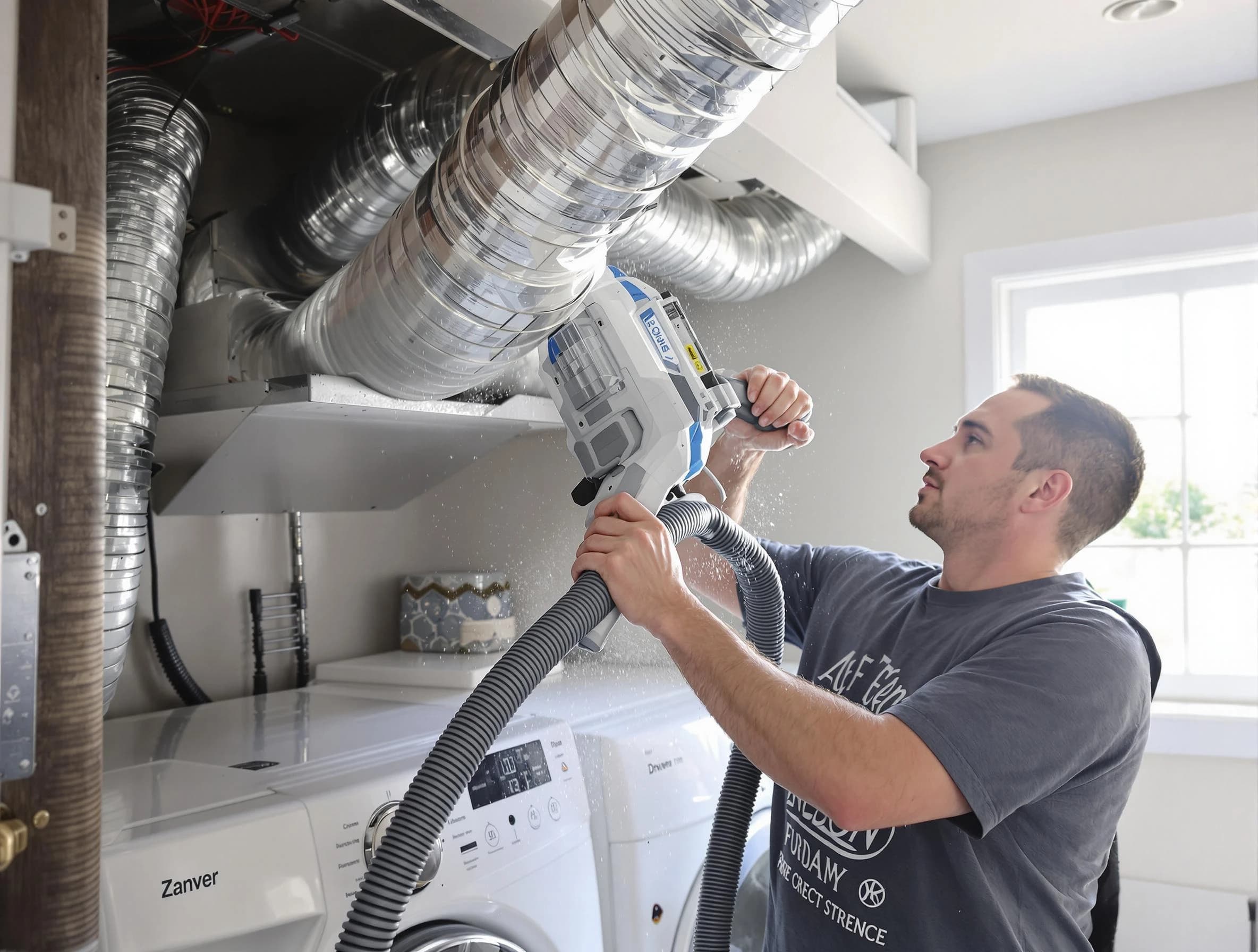 San Bernardino Dryer Vent Cleaning specialist cleaning deep within a dryer vent duct system in San Bernardino