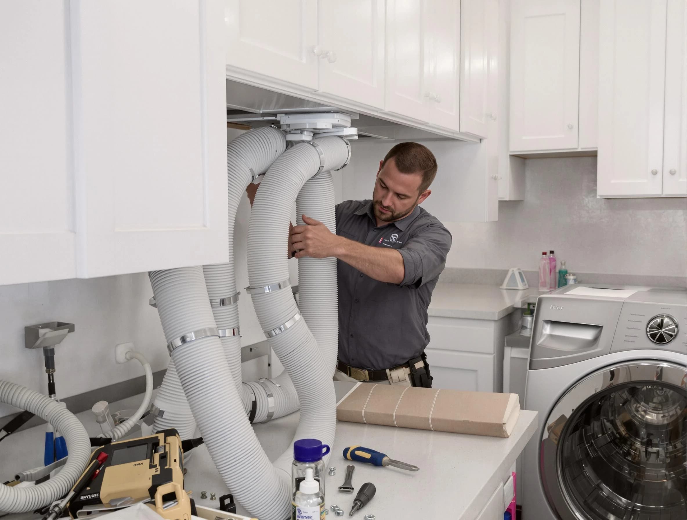 San Bernardino Dryer Vent Cleaning technician installing a new professional-grade dryer vent hose in San Bernardino
