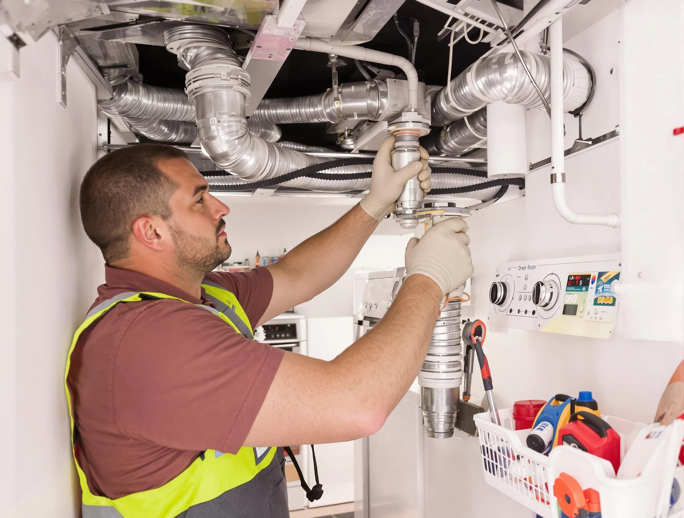 San Bernardino Dryer Vent Cleaning expert performing both repair and installation work on a dryer vent system in San Bernardino
