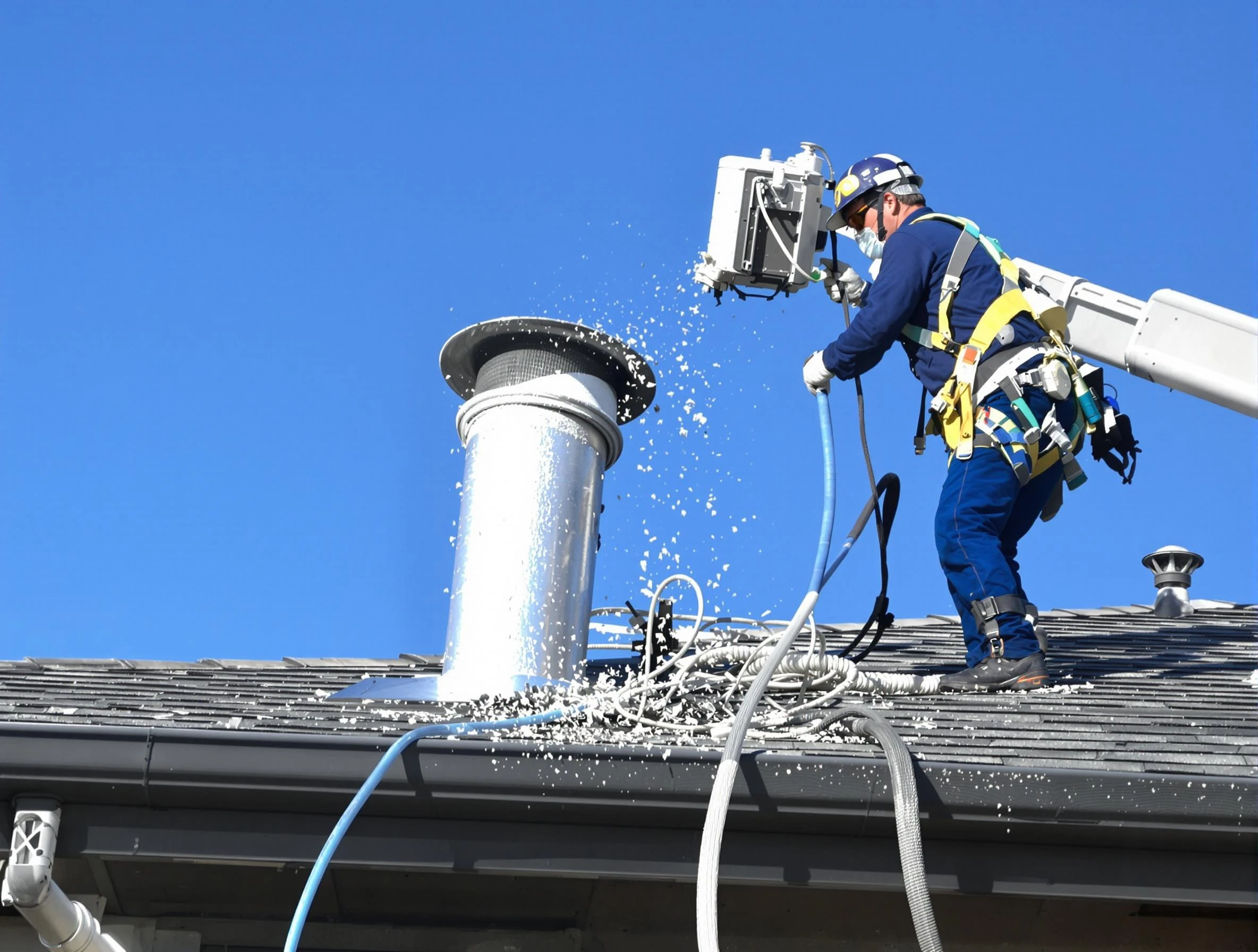 San Bernardino Dryer Vent Cleaning certified technician safely cleaning a roof-mounted dryer vent in San Bernardino