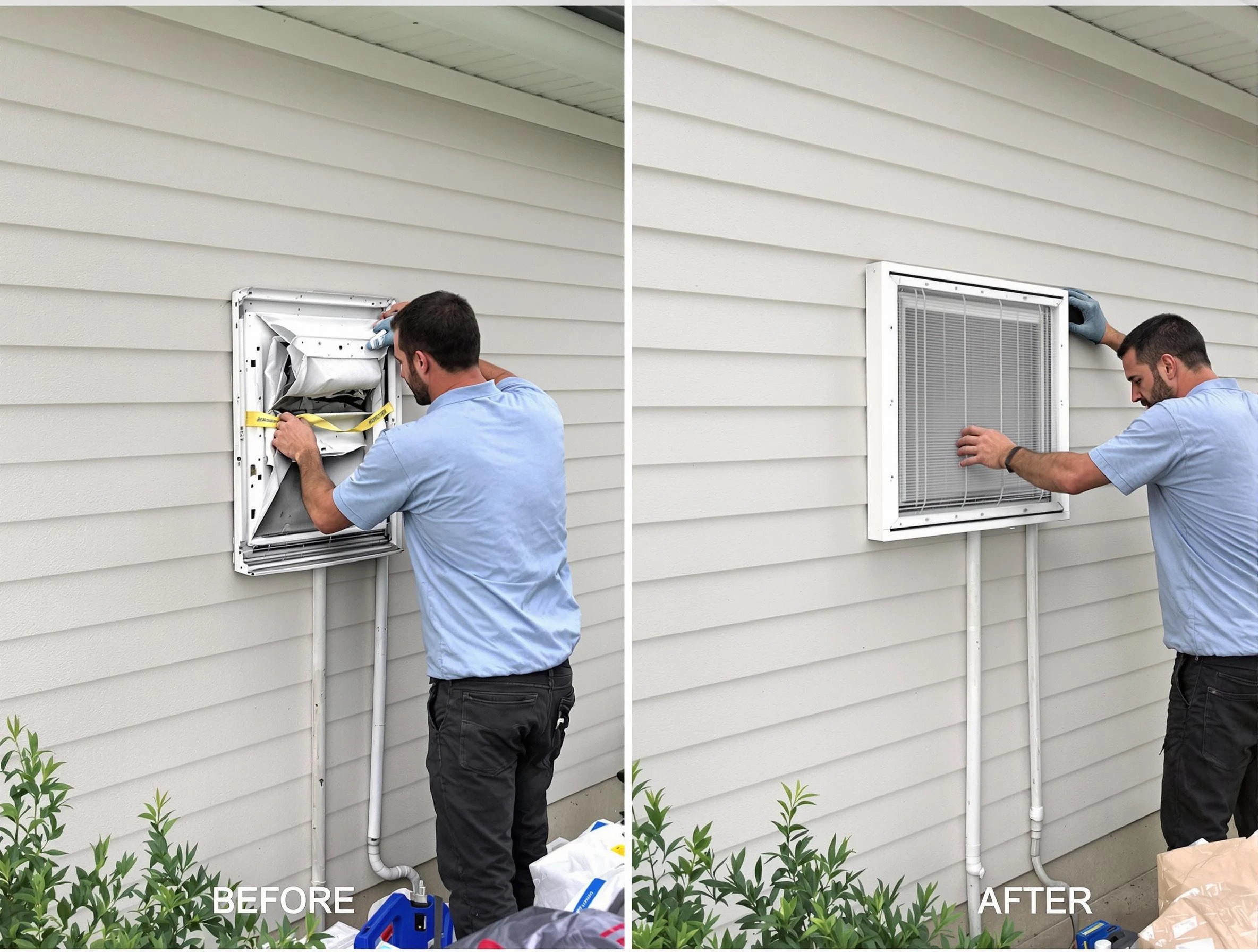San Bernardino Dryer Vent Cleaning technician installing high-quality dryer vent cover at a residential property in San Bernardino