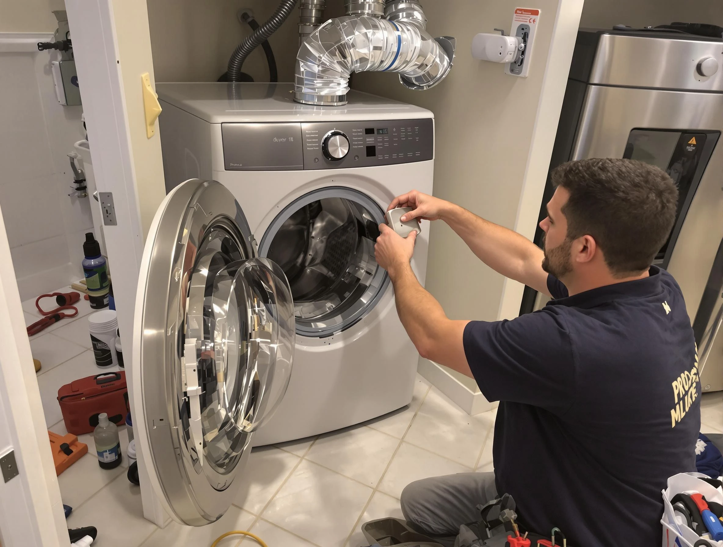 San Bernardino Dryer Vent Cleaning technician performing precise dryer vent hose installation in San Bernardino