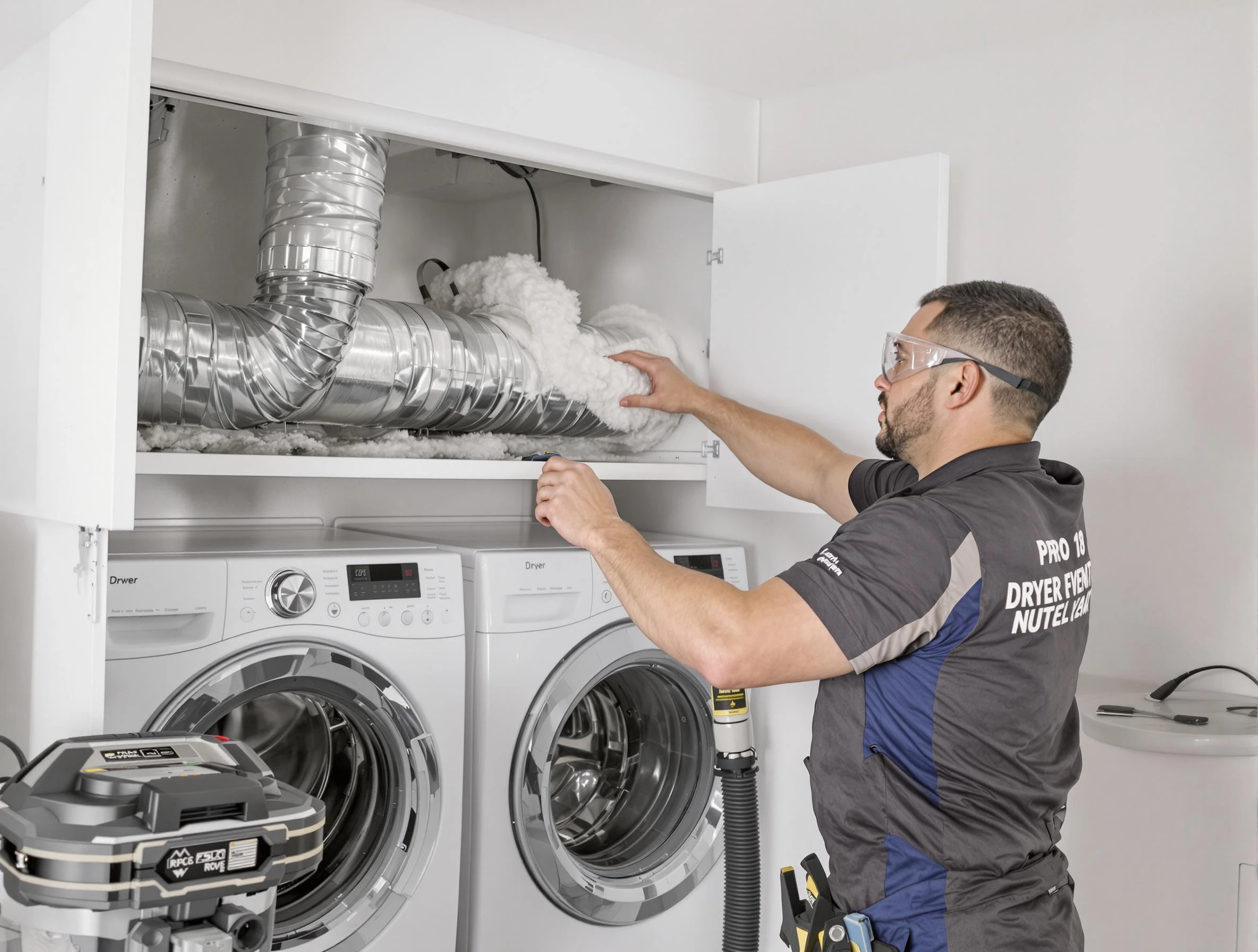 San Bernardino Dryer Vent Cleaning certified technician performing specialized gas dryer vent cleaning in San Bernardino
